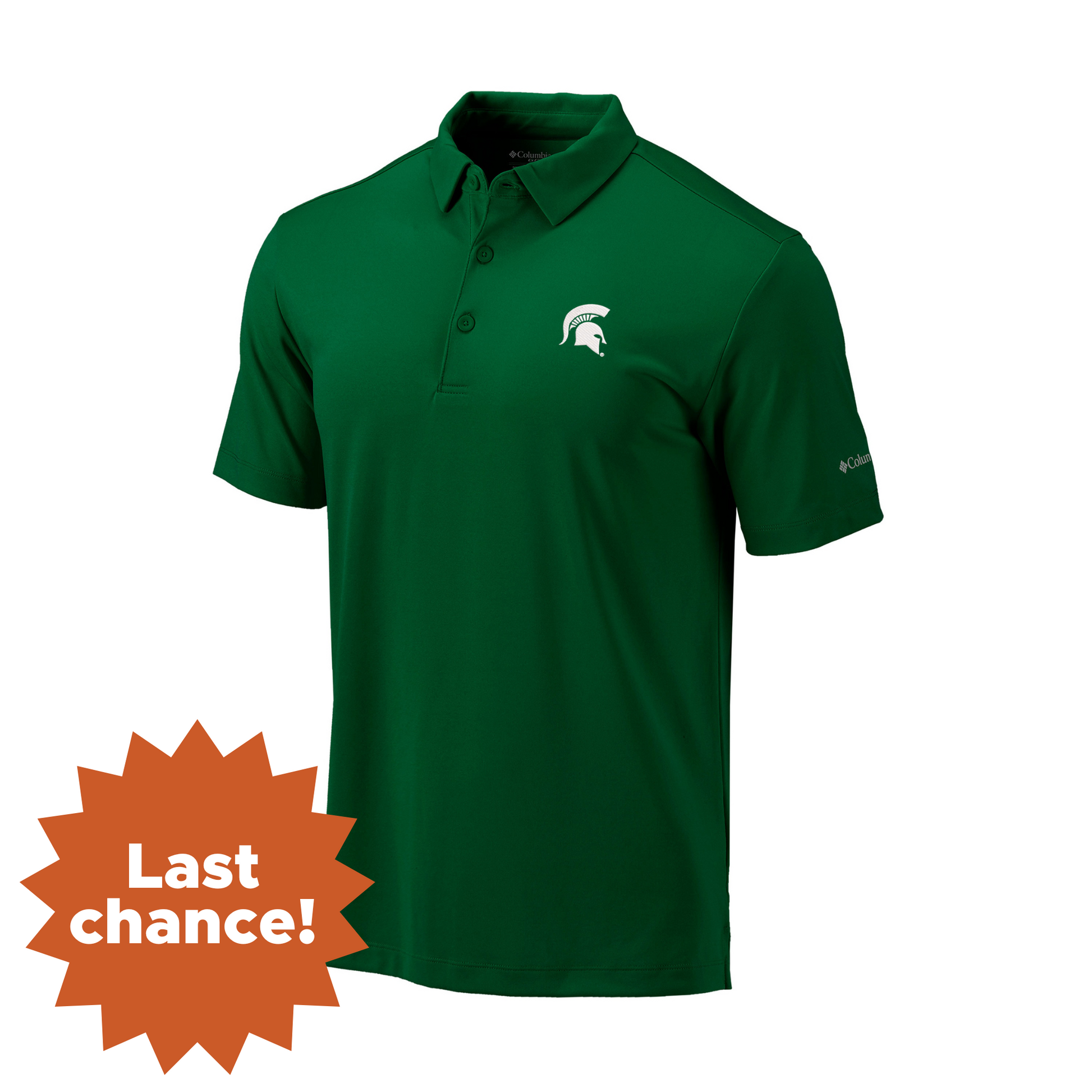 Green three-bottom polo with a white Spartan Helmet logo on the upper left chest, and the signature Columbia logo on the right shoulder. In the lower left is an orange sunburst with the words "Last chance!"