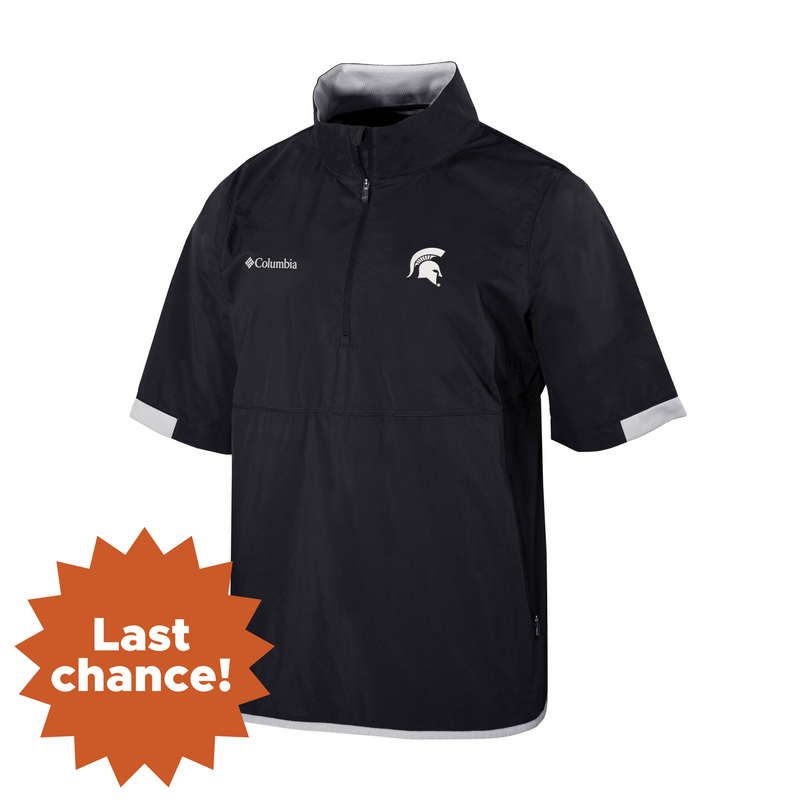 Black half-sleeve windbreaker with a white Spartan helmet left chest and Columbia right chest. Contrasting gray trim at collar, sleeve, and bottom. In the lower left is an orange sunburst with the words "Last chance!"