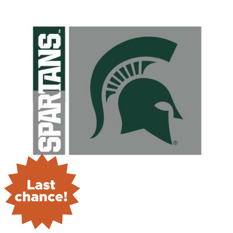 Rectangular note cards with a medium-gray block on the right hand side, featuring a dark green Spartan helmet. A green and gray block on the left quarter reads "Spartans" in white block text. A white line divides the two sections. In the lower left is an orange sunburst with the words "Last chance!"