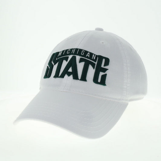 White twill cap with 'Michigan State' embroidered on the front in green