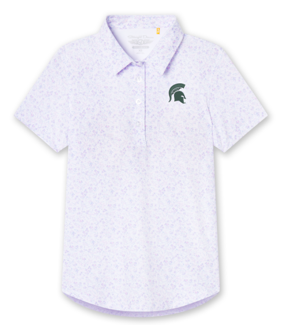 White polo with a light purple floral pattern, four button placket, and green Spartan Helmet logo on the upper left chest.