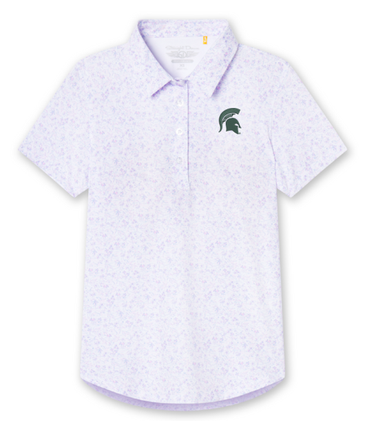 White polo with a light purple floral pattern, four button placket, and green Spartan Helmet logo on the upper left chest.