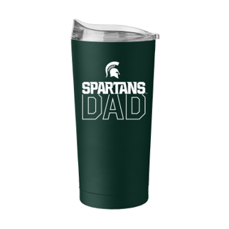 A forest green tumbler with a clear lid. A small white Spartan helmet is centered over white athletic text reading “Spartans” slightly overlapping white outlined block letters reading "dad.”