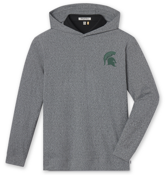 Heather gray hoodie with a green embroidered Spartan Helmet logo on the left upper chest. 