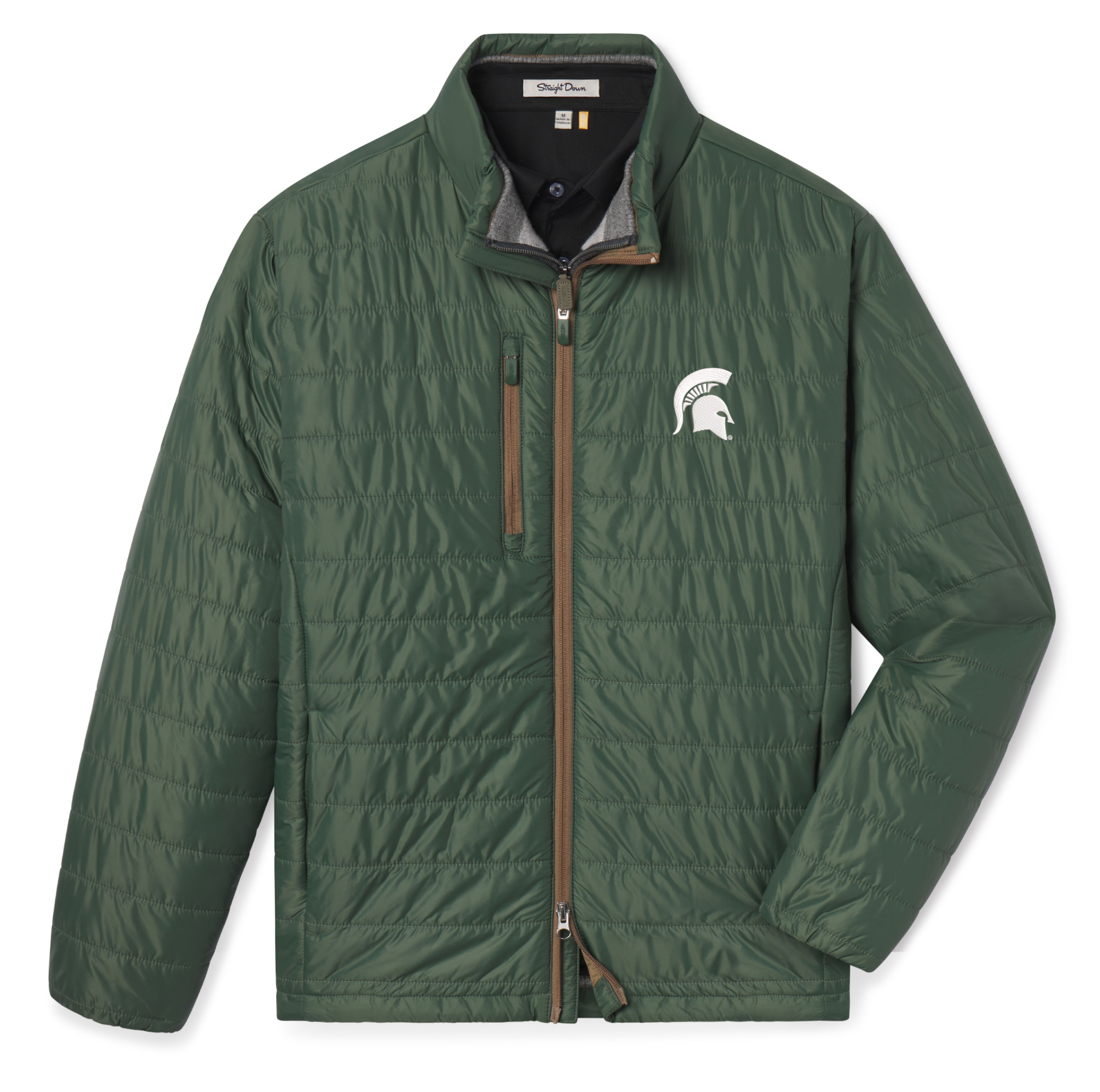 Loden green quilted full-zip jacket with a white embroidered Spartan helmet logo on the left chest. Contrast brown piping down zipper and front right chest zipper pocket. 