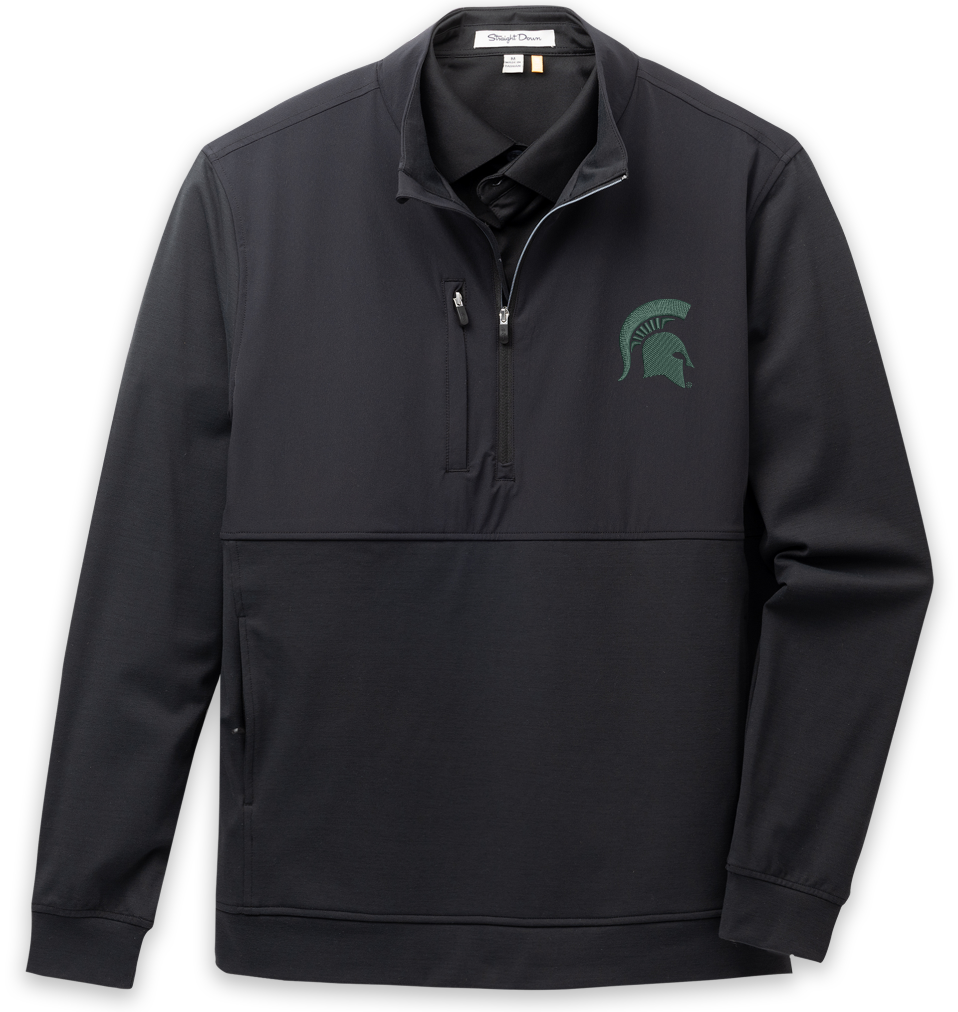 Black quarter-zip pullover with a green embroidered Spartan helmet logo on the left chest. 