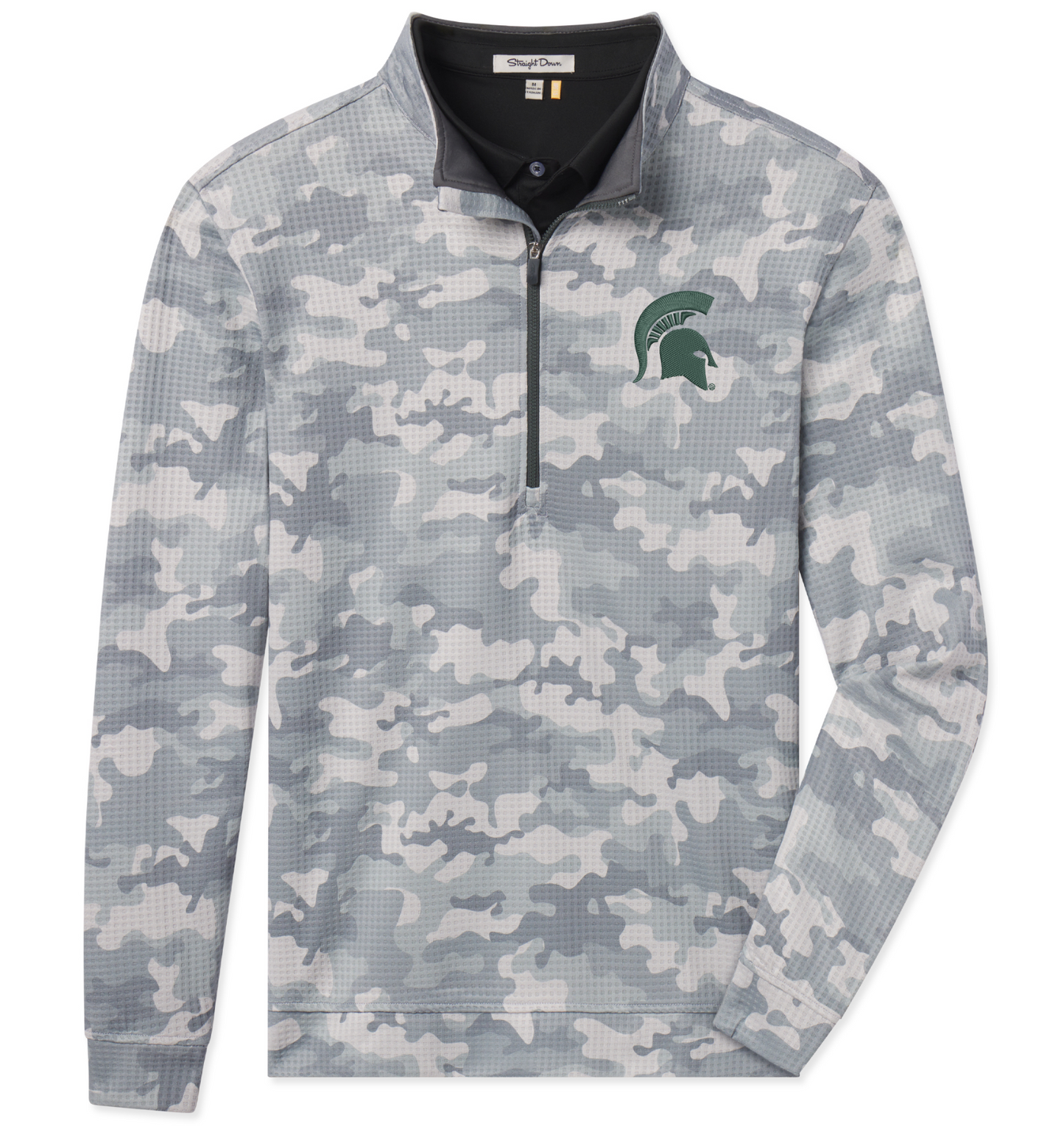 Gray and white camouflage patterned quarter-zip pullover with a embroidered green Spartan Helmet logo on the left upper chest. 