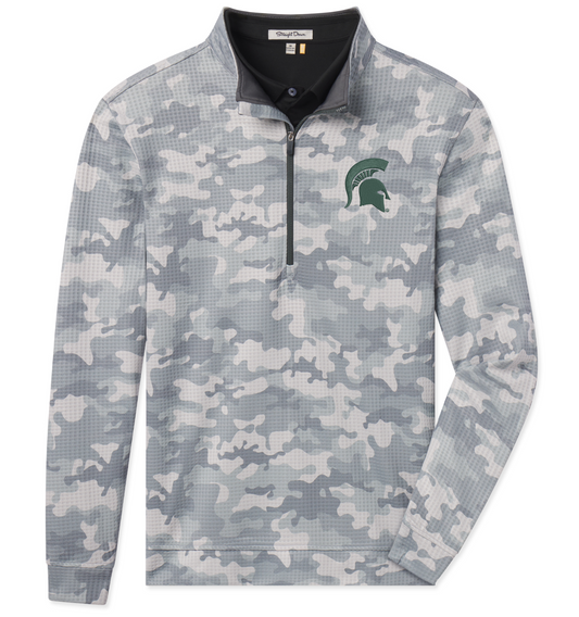 Gray and white camouflage patterned quarter-zip pullover with a embroidered green Spartan Helmet logo on the left upper chest. 