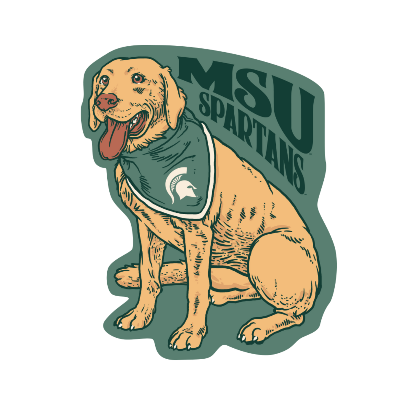 Sticker of Zeke the Wonderdog on a green background with a green bandana with with white out line around neck. In bottom corner of bandana is a white Spartan Helmet logo. Above Zeke to the right in dark green "MSU" above "Spartans."