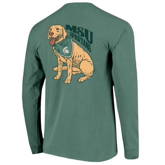 Back of a green long sleeve T-shirt with Zeke the dog on it and text that reads "MSU Spartans."