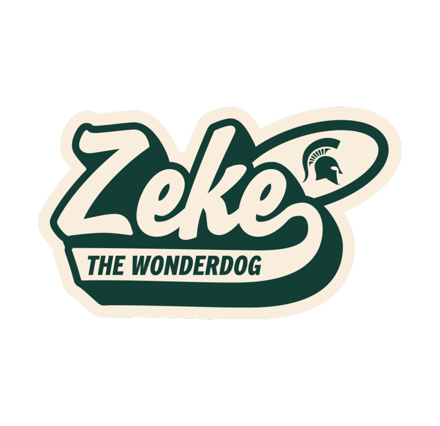 Sticker with "Zeke The Wonderdog" text and green Spartan Helmet logo on a white background