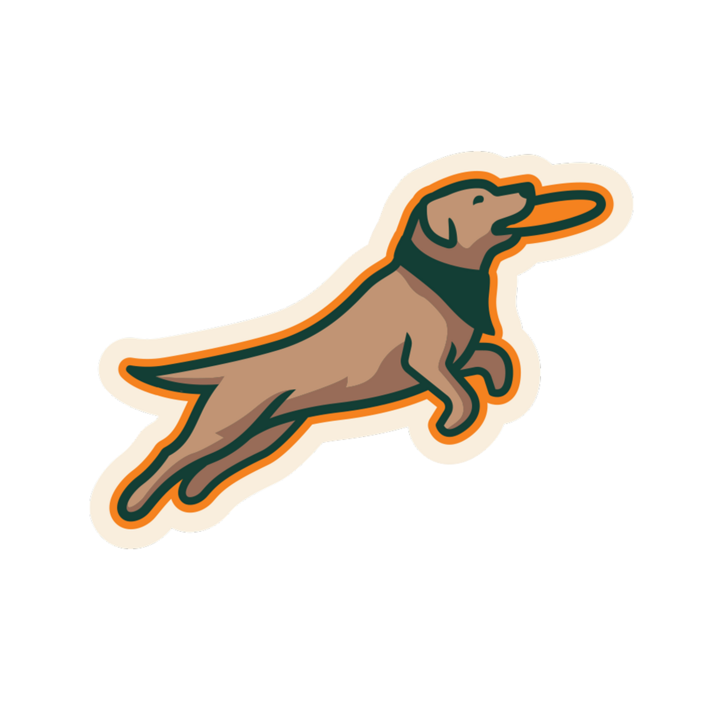 Dog-shaped sticker with a brown dog holding a frisbee in mouth with a green bandana around neck  on a white background.