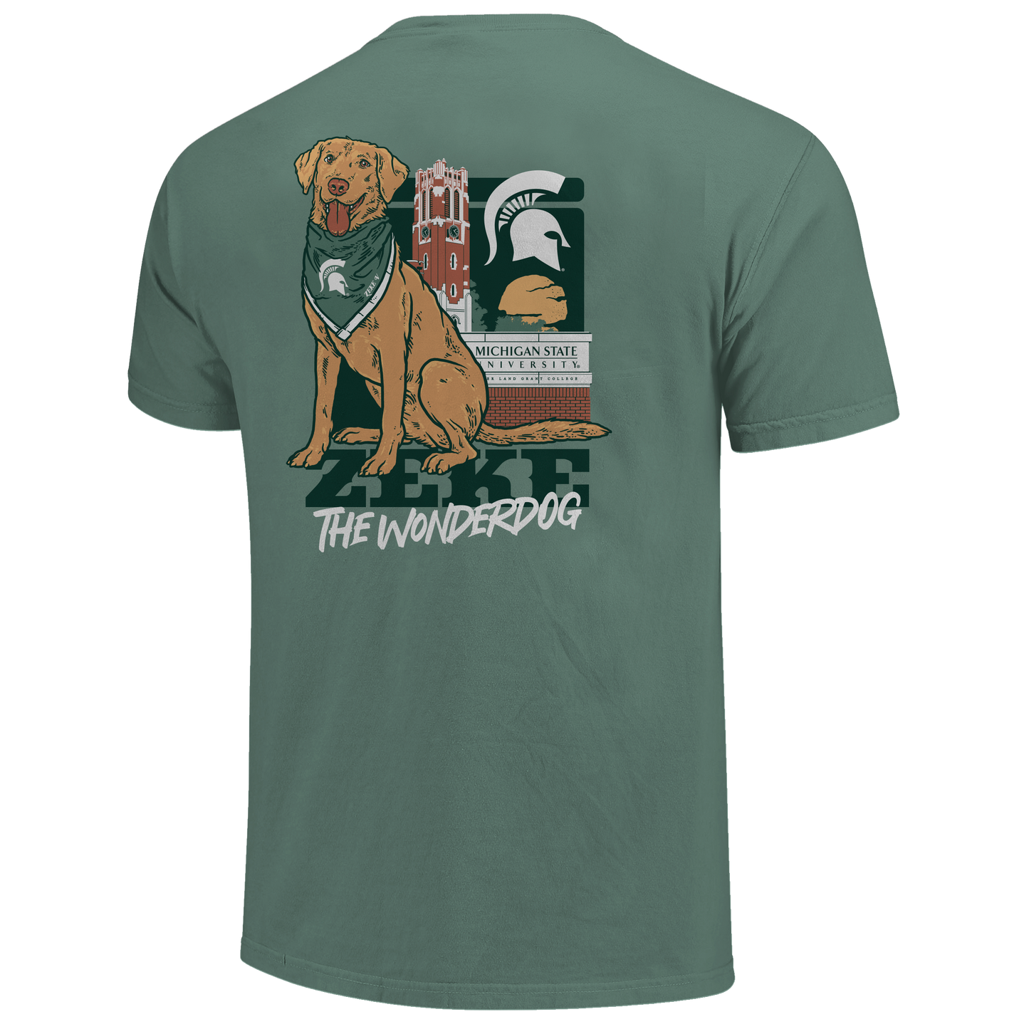 Back of a green T-shirt with Zeke the dog on it and text that reads "Zeke the Wonderdog." Behind the dog graphic a MSU themed background. 
