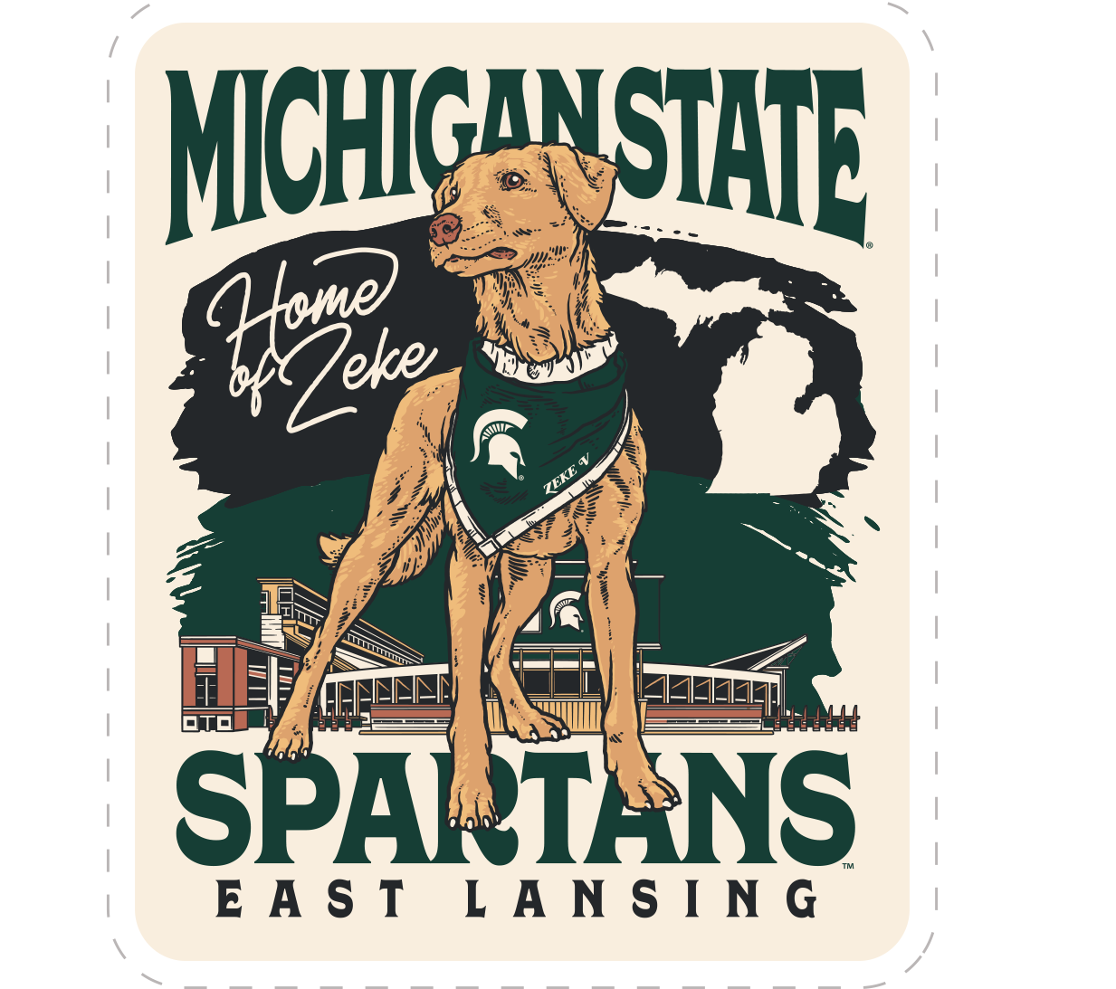  Cream Sticker with Zeke the dog on it and text that reads "Home of Zeke" next to it. Behind the dog graphic is a MSU themed design with stacked text below that reads "Spartans East Lansing."