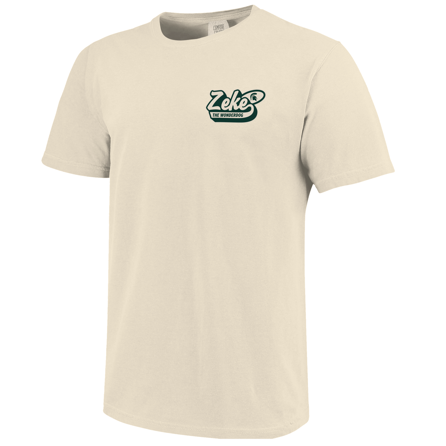 Front of a cream T-shirt with bubbled text that reads "Zeke the Wonderdog" on the upper left chest. 