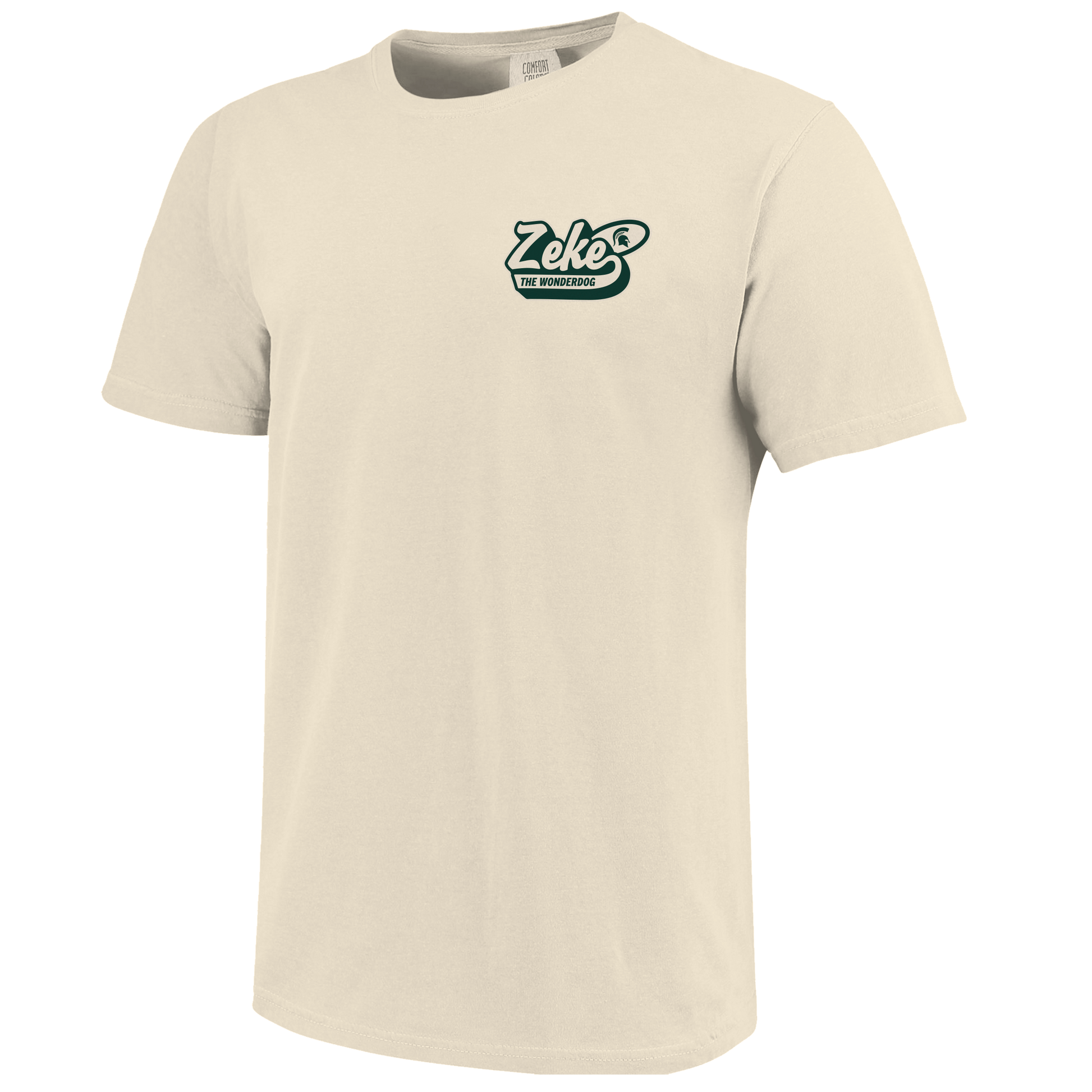 Front of a cream T-shirt with bubbled text that reads "Zeke the Wonderdog" on the upper left chest. 