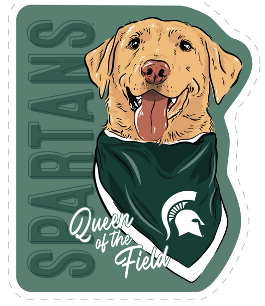 Sticker of Zeke the dog wearing a green and white bandana with a Spartan Helmet logo on it and text reading "Queen of the Field." On the left side of the sticker is green text that reads "Spartans," matching the green background. 