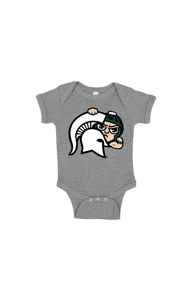 A gray infant onesie with a cartoon Sparty peering out from behind a white Spartan helmet logo.