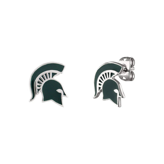 Silver earrings shaped as green Spartan Helmet logos. 