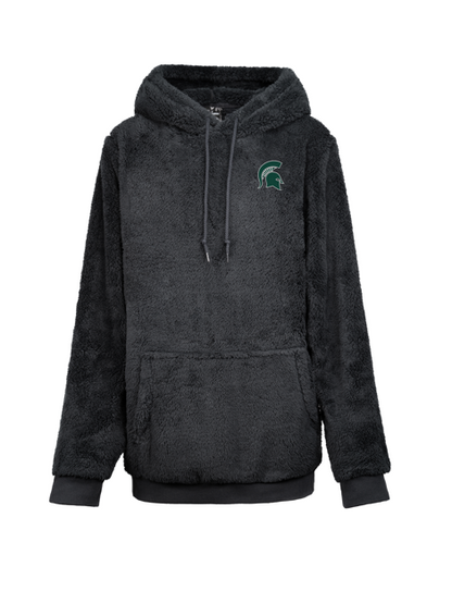 A black hoodie with a hood, featuring a small green and white Spartan Helmet logo on the upper left front side.