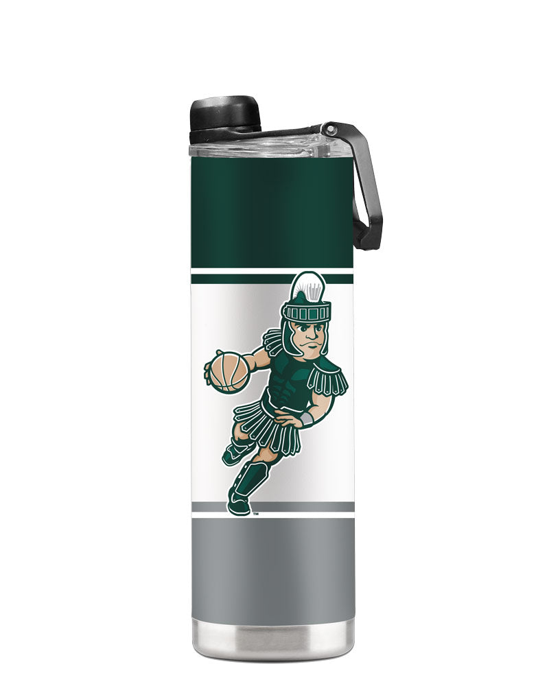 A green, white, and gray striped water bottle with a Basketball Sparty logo.