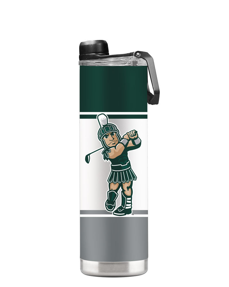 A green, white, and gray striped water bottle with a Golf Sparty logo.