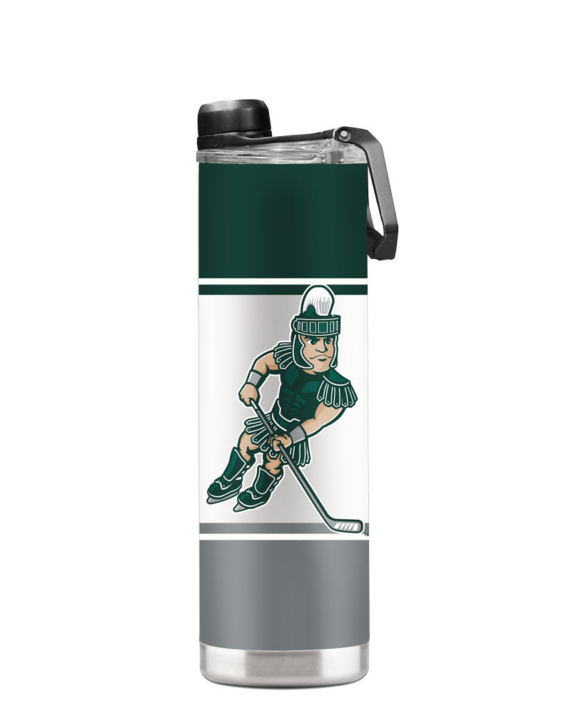 A green, white, and gray striped water bottle with a Hockey Sparty logo.