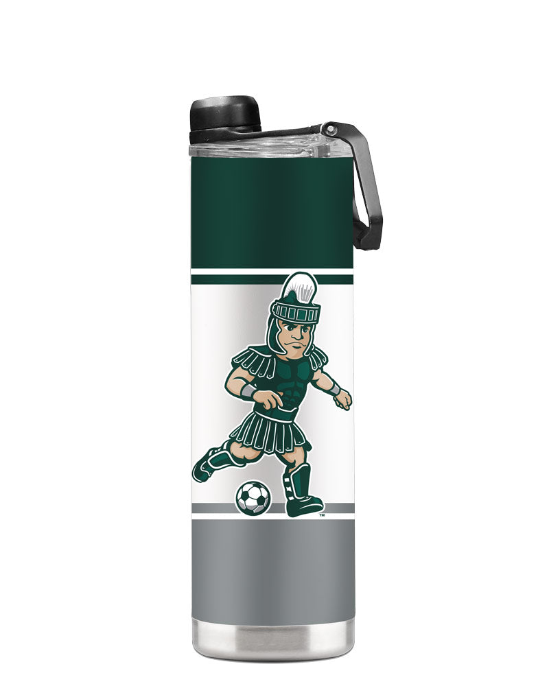 A green, white, and gray striped water bottle with a Soccer Sparty logo.
