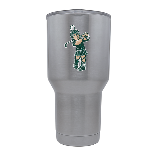 A large stainless steel tumbler with a golf Sparty logo.