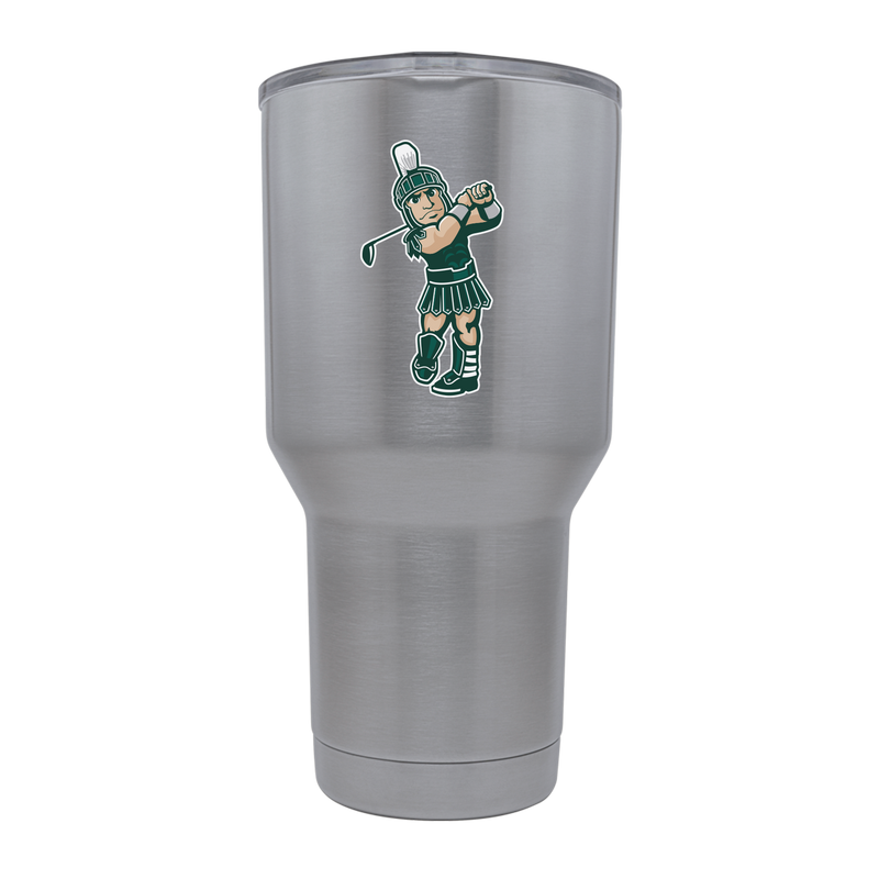 A large stainless steel tumbler with a golf Sparty logo.