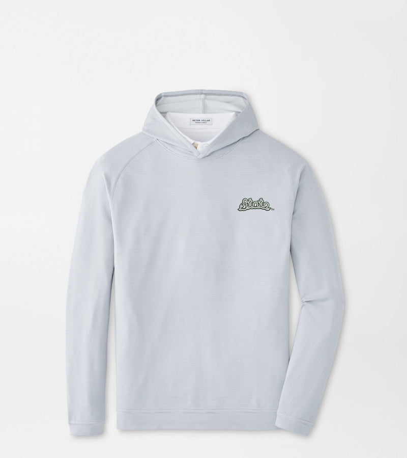 Light gray hoodie with a cursive state logo on left chest.  