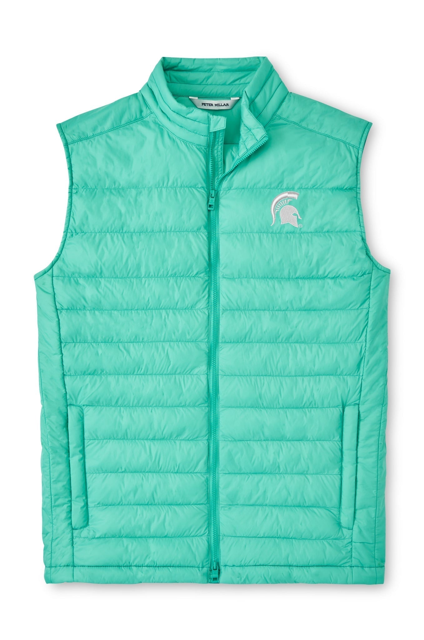 A vibrant green Peter Millar Spartan Helmet vest with a two-way zip front closure, white logo on the left chest area.