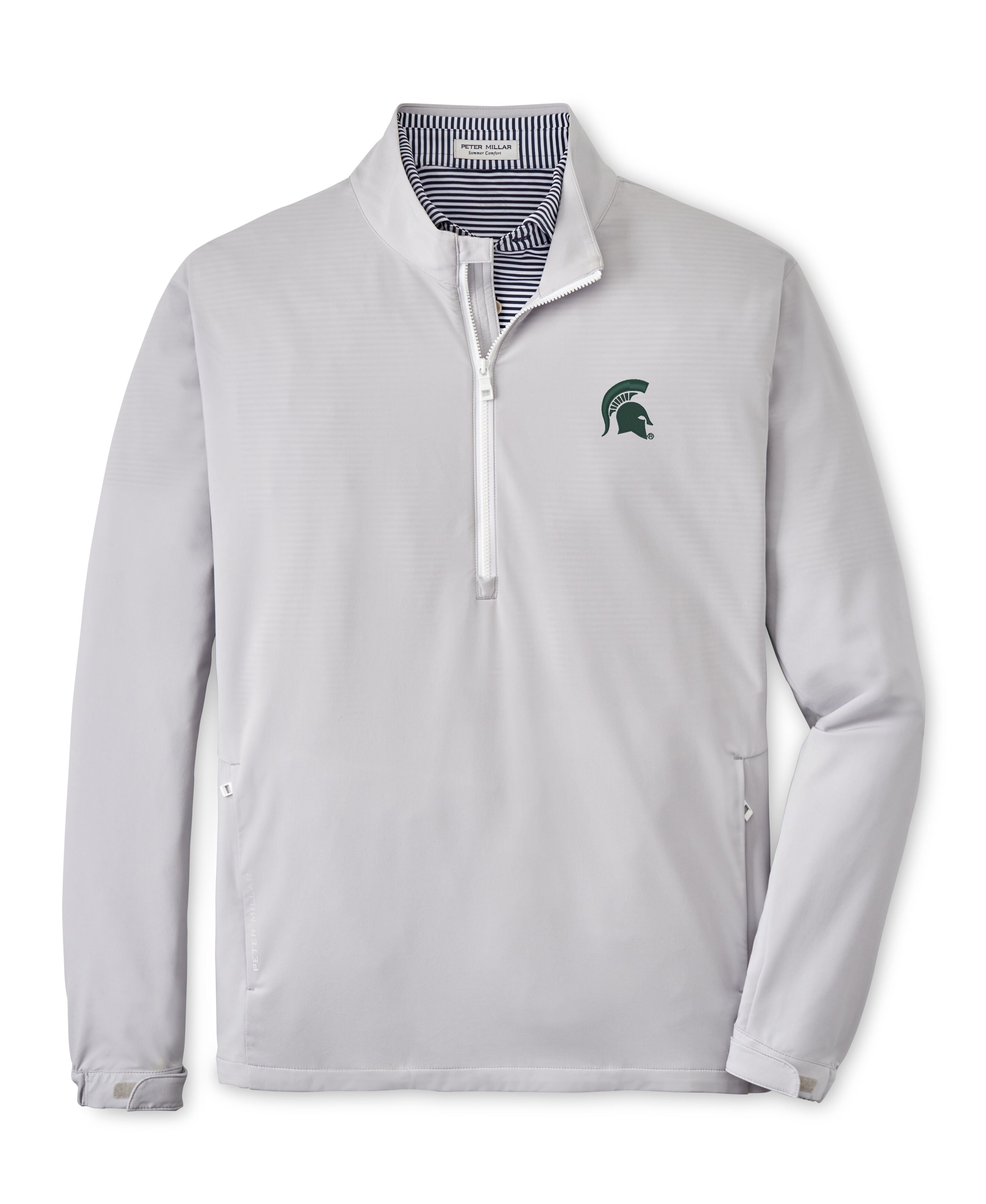 A gray quarter-zip pullover with a Spartan Helmet logo on the left chest area, featuring a striped collar and a zipper pocket on each side.