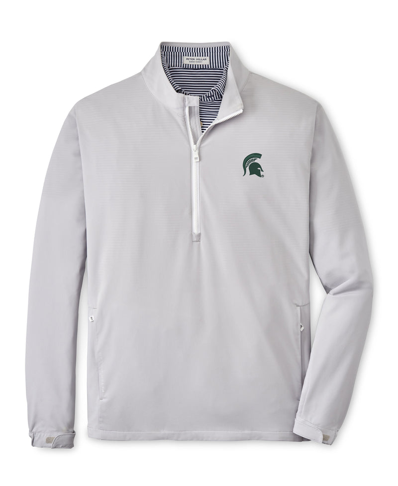 A gray quarter-zip pullover with a Spartan Helmet logo on the left chest area, featuring a striped collar and a zipper pocket on each side.