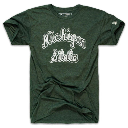 Dark green short-sleeve T-shirt with "Michigan State" written in white cursive lettering on the front. Made of soft fabric, featuring a small logo on the left sleeve near the hem.