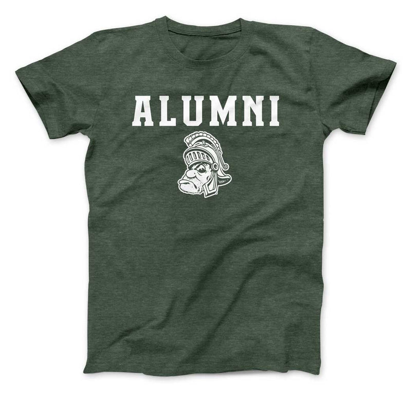 A green t-shirt with white block text reading "Alumni" and a Gruff Sparty logo.