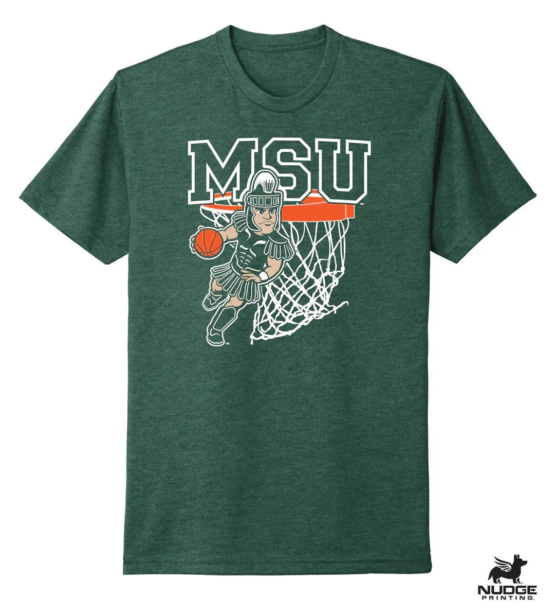 A green shirt with a design showing Sparty playing basketball below large text that reads "MSU."