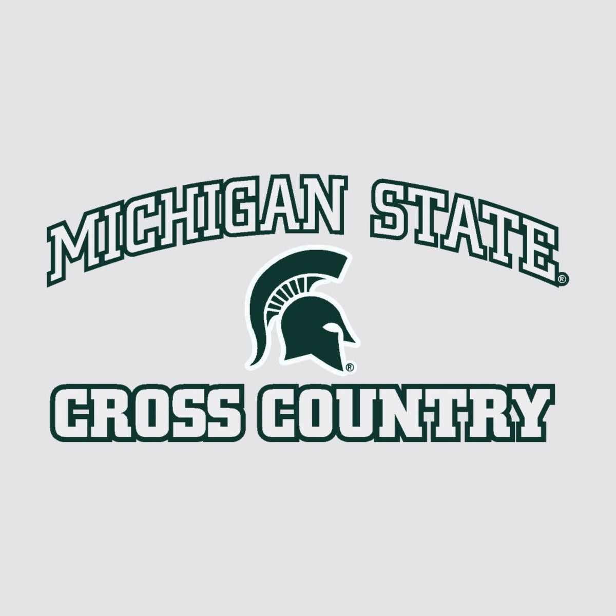 A decal that reads "Michigan State Cross Country" in white around a green Spartan Helmet logo.