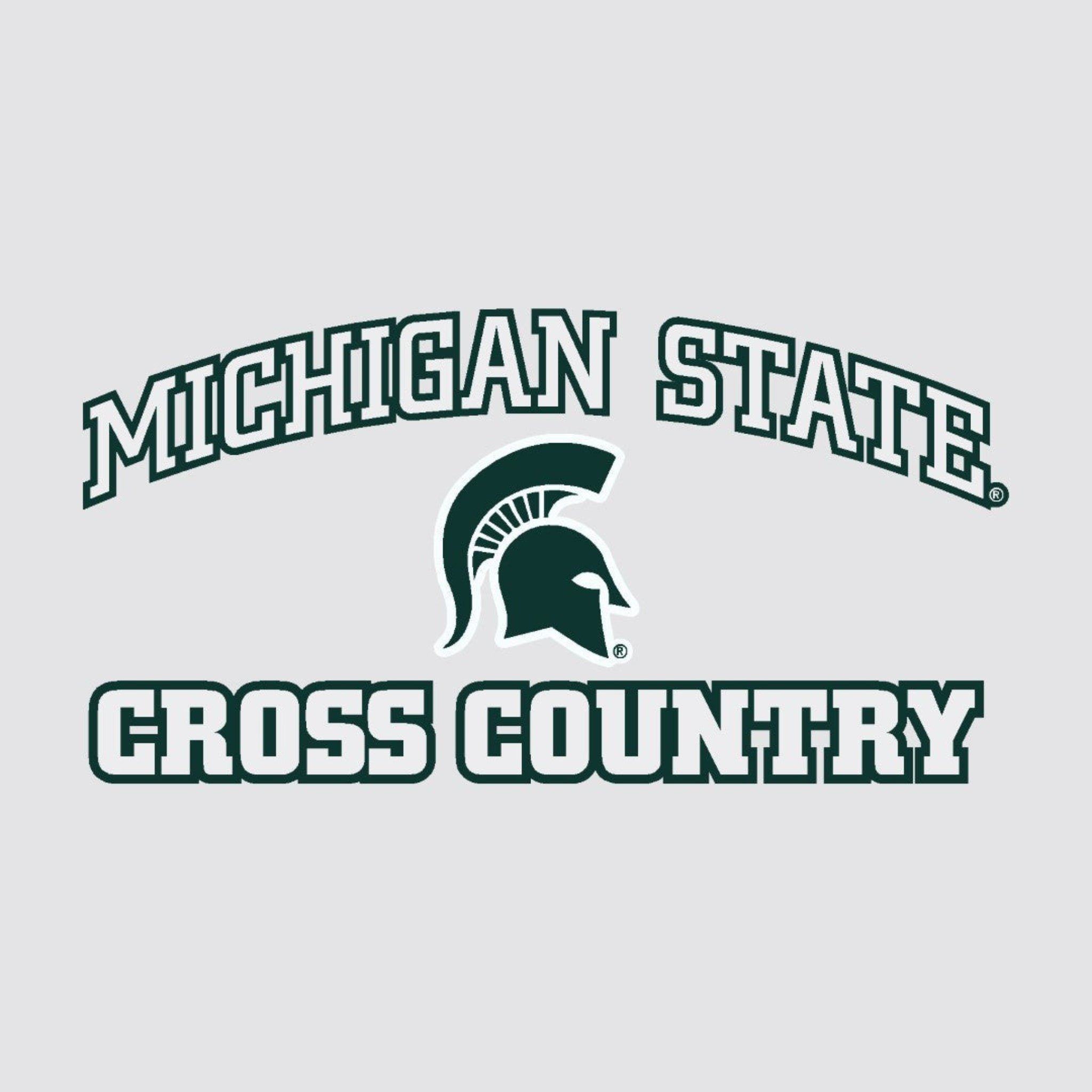 A decal that reads "Michigan State Cross Country" in white around a green Spartan helmet logo.