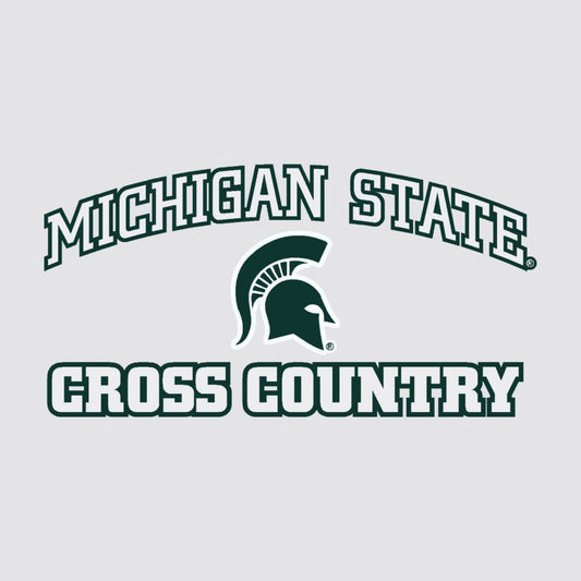 A decal that reads "Michigan State Cross Country" in white around a green Spartan helmet logo.