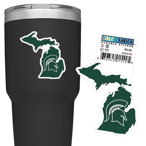 Black insulated tumbler featuring a Michigan-shaped Spartans helmet graphic, shown with two matching Michigan State-shaped decals.