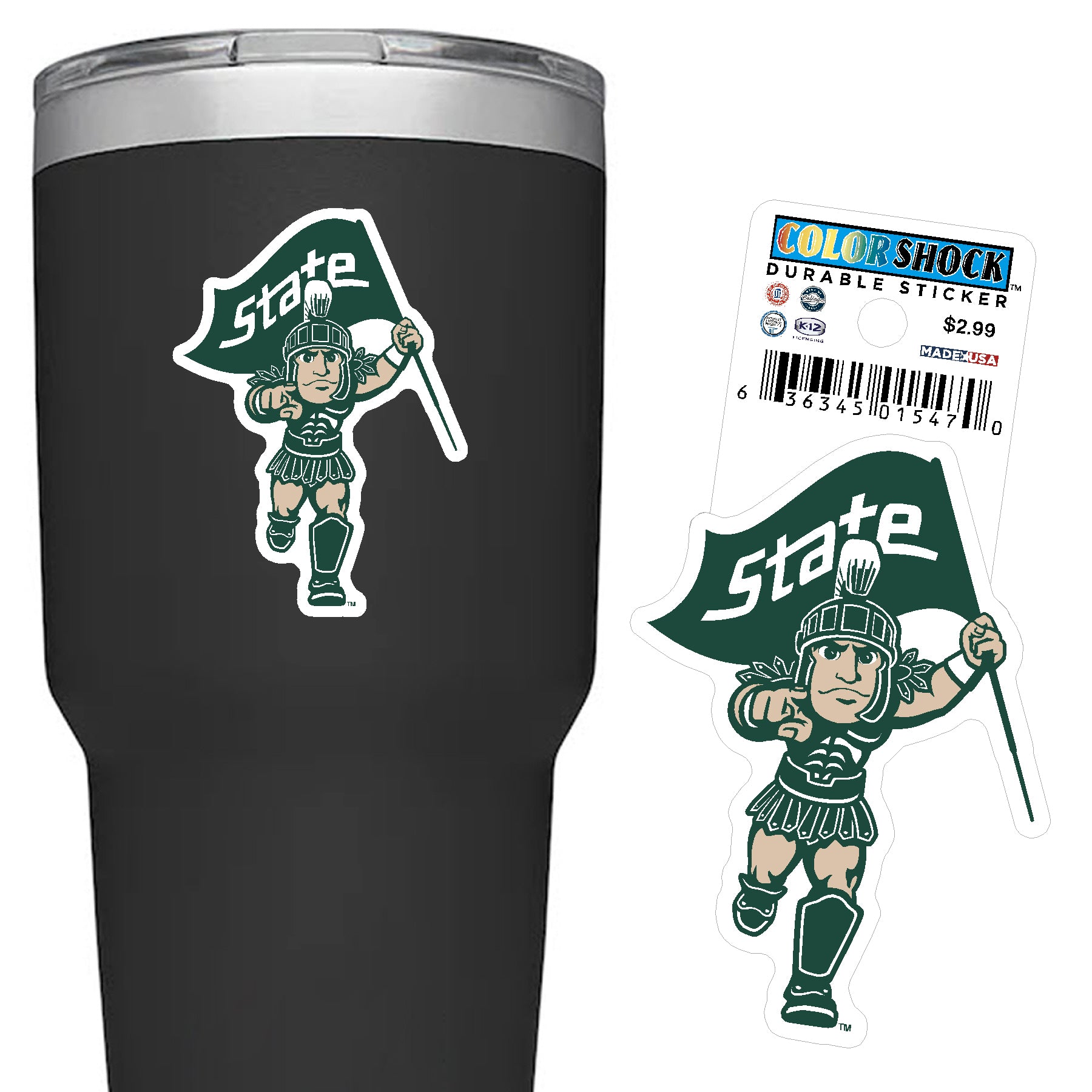 Green, white, and beige sticker shaped like the MSU mascot, Sparty, running while holding a green flag with white letters on it that read "State."
