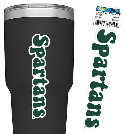 Green and white sticker that spells out Spartans. The letters are in green and outlined in white. 