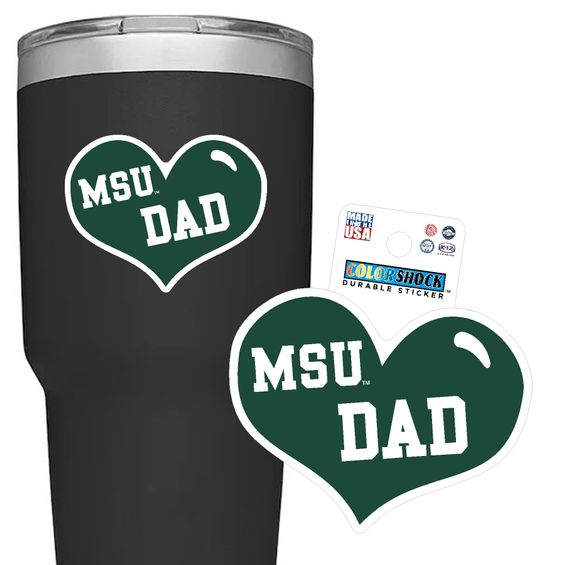 Heart shaped sticker that is green and outlined in white. In the center are the words "MSU Dad" in white block letters.