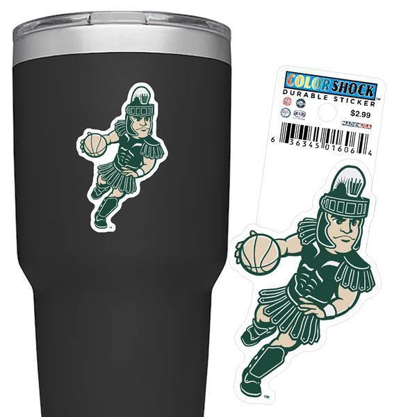 Green, white, and beige sticker shaped like the MSU mascot, Sparty, running while holding a basketball in his right hand. 