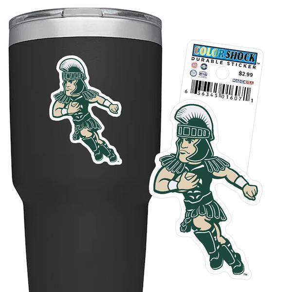 Green, white, and beige sticker shaped like the MSU mascot, Sparty, running while holding a football in his right hand. 