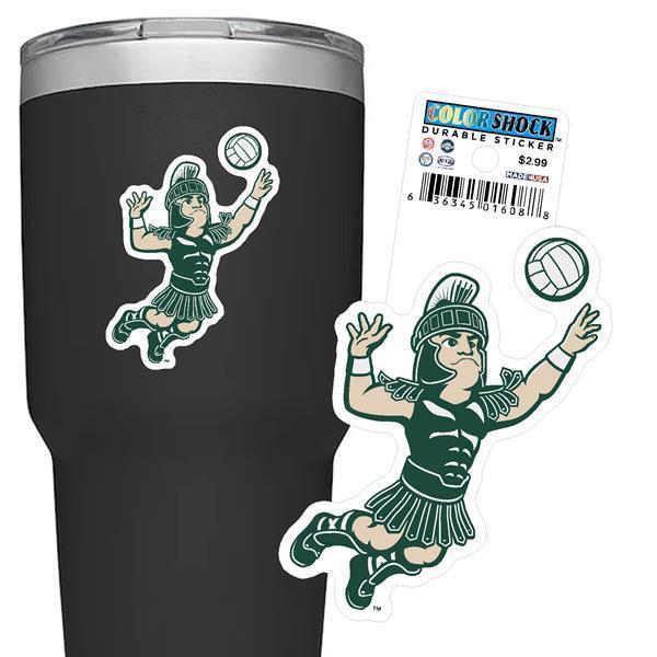 Green, white, and beige sticker shaped like the MSU mascot, Sparty, jumping while trying to hit a white volleyball. 