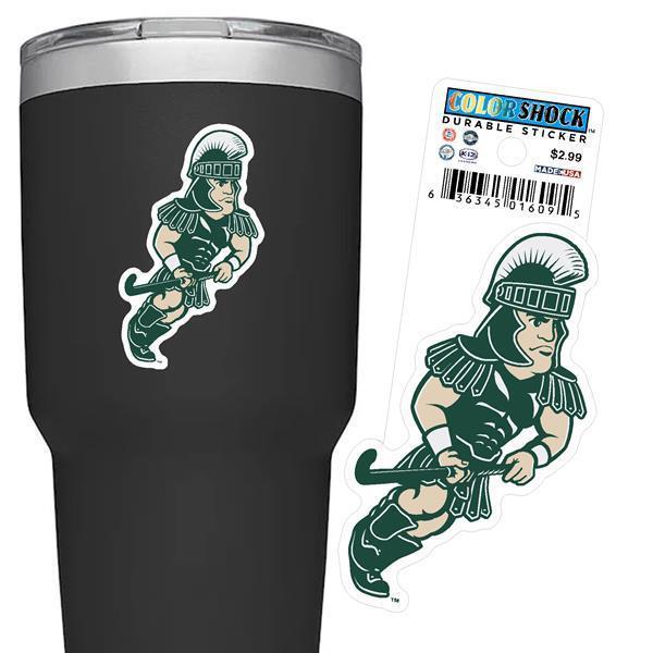 Green, white, and beige sticker shaped like the MSU mascot, Sparty, playing field hockey. 