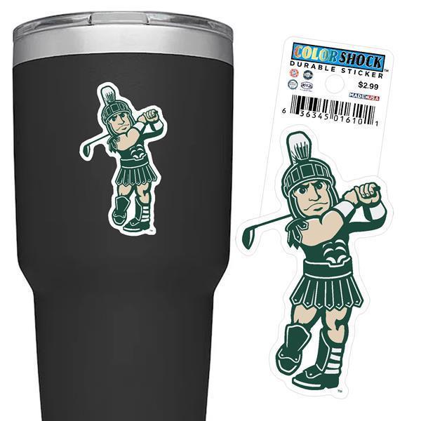 Green, white, and beige sticker shaped like the MSU mascot, Sparty, holding a golf club over his shoulder. 