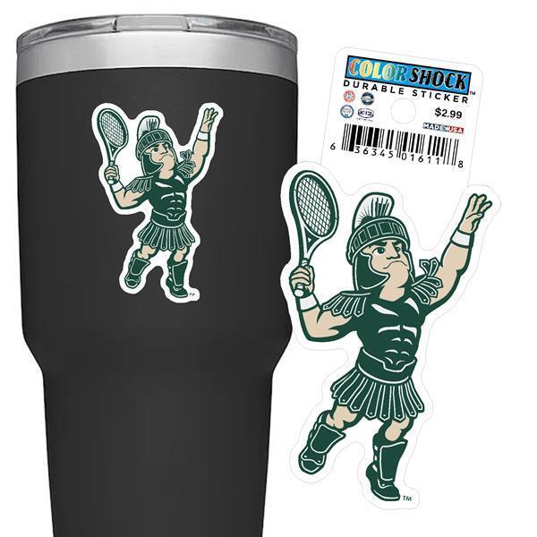 Green, white, and beige sticker shaped like the MSU mascot, Sparty, playing tennis. 